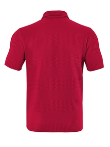 Detailed back view of red short-sleeve polo shirt with premium waffle knit texture fabric