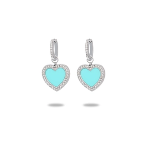 French vintage silver heart earrings with blue enamel and sparkling crystal pavé
