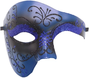 Dettaglio macro della maschera blu navy con glitter scintillanti e finitura opaca