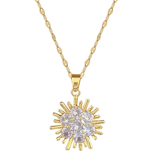 Elegant gold titanium necklace featuring a sparkling crystal floral pendant on a white background