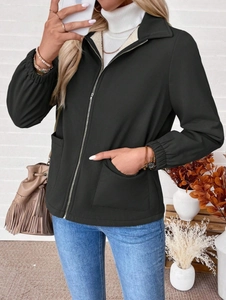 Women's black zip-up cropped jacket with fleece collar and dual pockets in a casual style