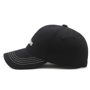 Black cotton baseball cap with side embroidery and contrast stitching on the brim