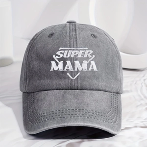 Close-up of Super Mama white embroidery on vintage grey washed cotton baseball cap