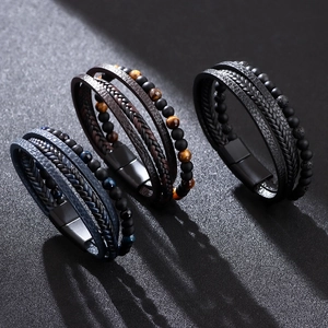 Men Vintage Multi-layer Braided Faux Leather Bracelet With Tiger Eye Natural Stone And Magnetic Clasp