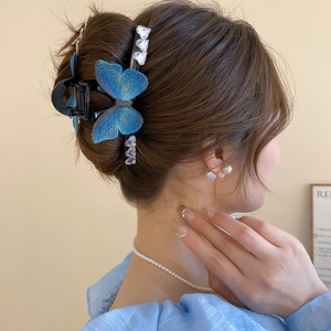 Détail d'une pince à cheveux papillon en dentelle bleue élégante avec cristaux