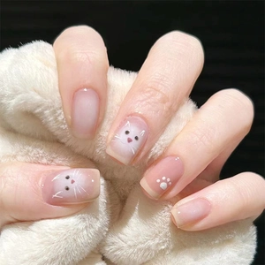 Press On Nails Cute Cat Paw Print Matte Pink Nude Short Square Fake Nails Manicure Accessories For Women Girls
