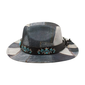 Vintage patchwork denim fedora hat with floral embroidery and blue bead decoration