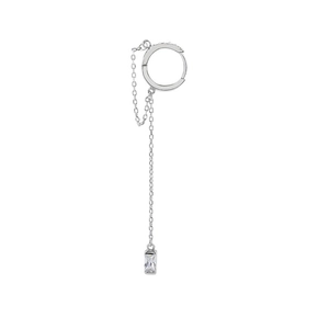 Silver long tassel earring with hoop and sparkling rectangular zircon pendant