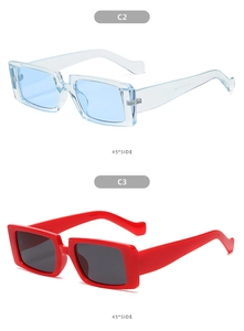 Detail view showing blue and red oversized square sunglasses at a 45-degree angle