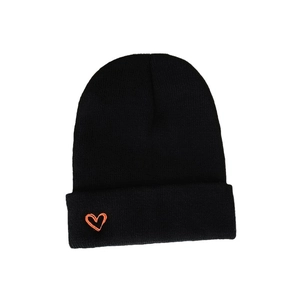 Classic black knit beanie with orange heart embroidery on folded cuff against white background