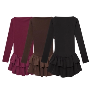 Elegantes Schulterfreies Langarm Mini Kleid Mit Gestuften Volants Einfarbig Slim Fit Polyester Damen