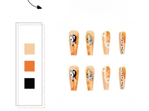 Détails de faux ongles cercueil avec motifs yin-yang, cerises et marguerites colorés