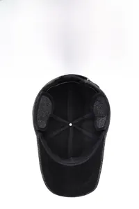 Detailed top view of grey winter baseball cap with ear flaps and thermal lining