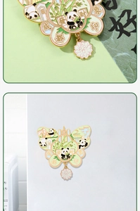 Detailed close-up of Chengdu Panda enamel fridge magnet with a swinging flower pendant