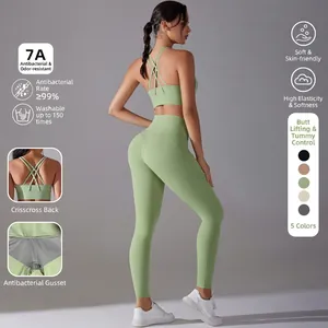 Women Yoga Bra and High Waist Leggings Criss Cross Back Antibacterial Nylon Spandex Fitness Workout Clothes
