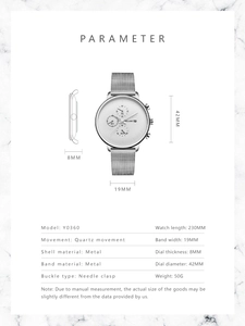 Detailed technical specifications for men's quartz watch with Milanese mesh strap