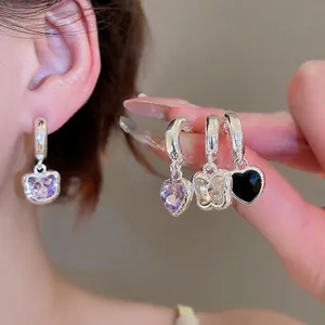 Elegant S925 silver hoop earrings with purple butterfly and heart zircon charms