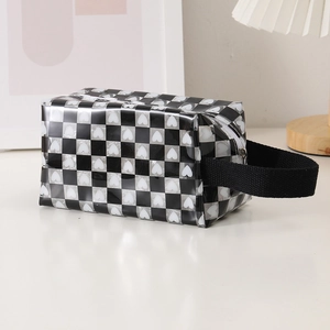Transparent black and white checkerboard pencil case with heart pattern and carry handle