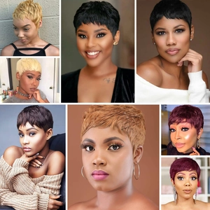 Multiple styles of short human hair Pixie cut wigs in various colors for women
