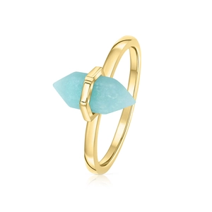 Detailed side view of a gold S925 silver ring featuring a blue crystal stone inlay