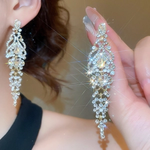 Close-up of long gold teardrop tassel earrings with sparkling cubic zirconia on model