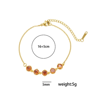 18K gold plated chain bracelet with five round orange stones, length 16+5cm, 5g weight