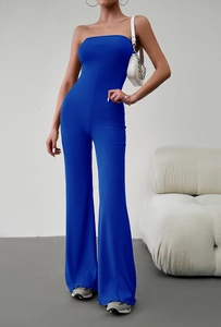Close-up of elegant blue ribbed tube top jumpsuit with wide-leg design and soft texture