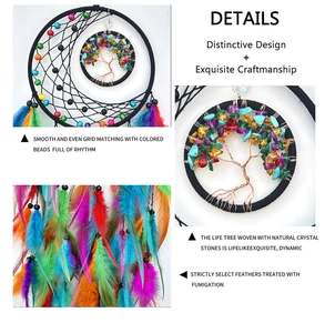 Detail of handmade dream catcher with crystal tree of life and colorful feathers