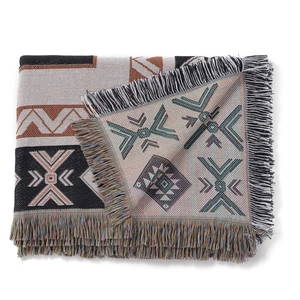 Detailed close-up of bohemian woven blanket with geometric patterns and fringe edges