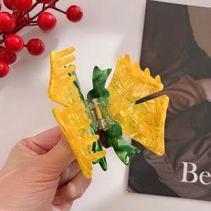 Butterfly hair claw clip in yellow and green acetate with gold spring for women