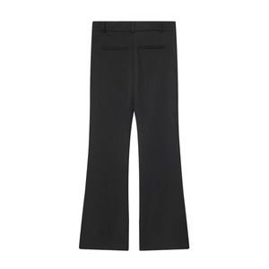 Rear view of black bootcut trousers showing slim fit tailoring and back pocket detail