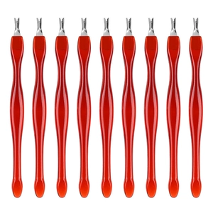 Detailed view of nine red manicure cuticle trimmers with ergonomic plastic handles