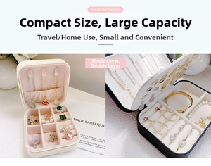 Dual-layer portable PU leather jewelry box with ring slots and necklace hooks in beige and black