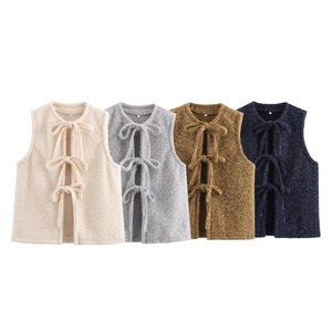 Relaxed tie-front plush vest for women in beige, grey, brown, and navy blue colors