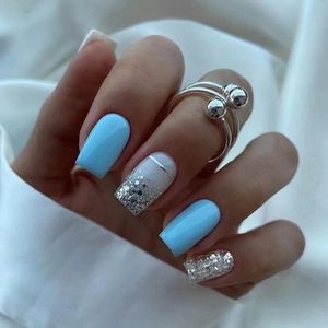 Medium Long Square Press On Nails Light Blue Solid Color With Silver Glitter Shimmer Elegant Ins Style False Nail Tips For Women