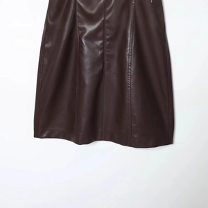 Deep brown PU leather midi dress with round neck and short sleeves in premium leather texture