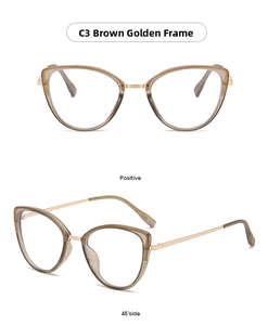 Cat-eye glasses detail view showing brown translucent frames and gold metal temples