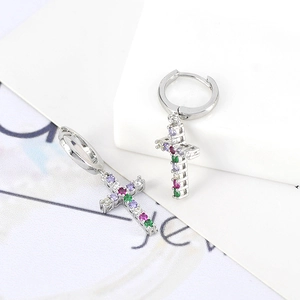Exquisite S925 silver hoop earrings with a colorful zircon encrusted cross pendant