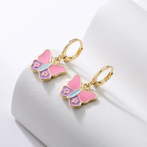 Golden butterfly hoop earrings with pink and purple enamel inlay and star pattern