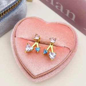 18k gold-plated cherry earrings with colorful zircons in a pink velvet jewelry box