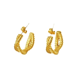 Fashionable golden C-shaped titanium steel earrings with woven texture on white background