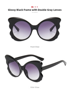 Front and side view of butterfly shaped sunglasses with black frame and purple grey gradient lens