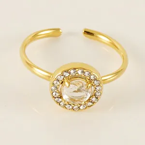 Double layer 18K gold stainless steel open ring with a large zircon center stone