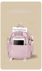 Detail view of pink backpack interior compartments showing iPad, water bottle and storage space