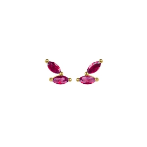 Detailed macro view of staggered red marquise-cut zircon stones on golden stud earrings