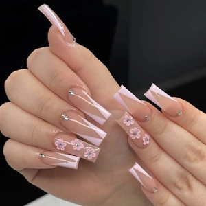 French Long Press On Nails With 3D Pink Flowers And Rhinestones Nude Pink Square Fake Nails For Women Daily Party Wear