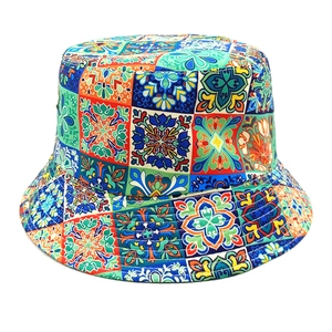 Detailed close-up of Bohemian sun flower bucket hat featuring colorful tile patterns