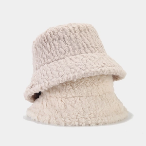 Women's warm plush bucket hat in beige and taupe, solid color autumn winter sun hat