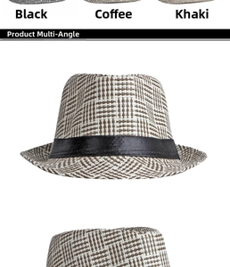 Detail view showing grid woven pattern and black ribbon on retro straw fedora hats