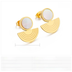 Macro detail of gold stainless steel shell earrings with dimensions and weight specs